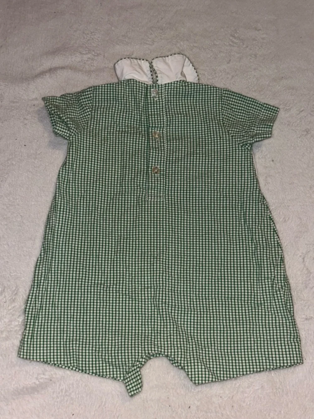 Green Gingham Smocked Baby One-Piece with Monkey Embroidery